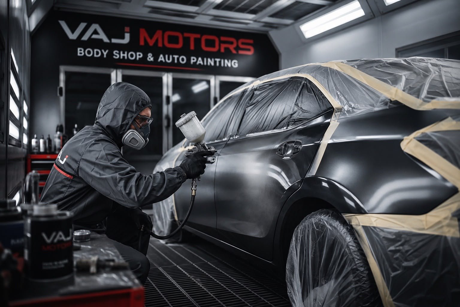Body shop and auto painting booth at VAJ Motors