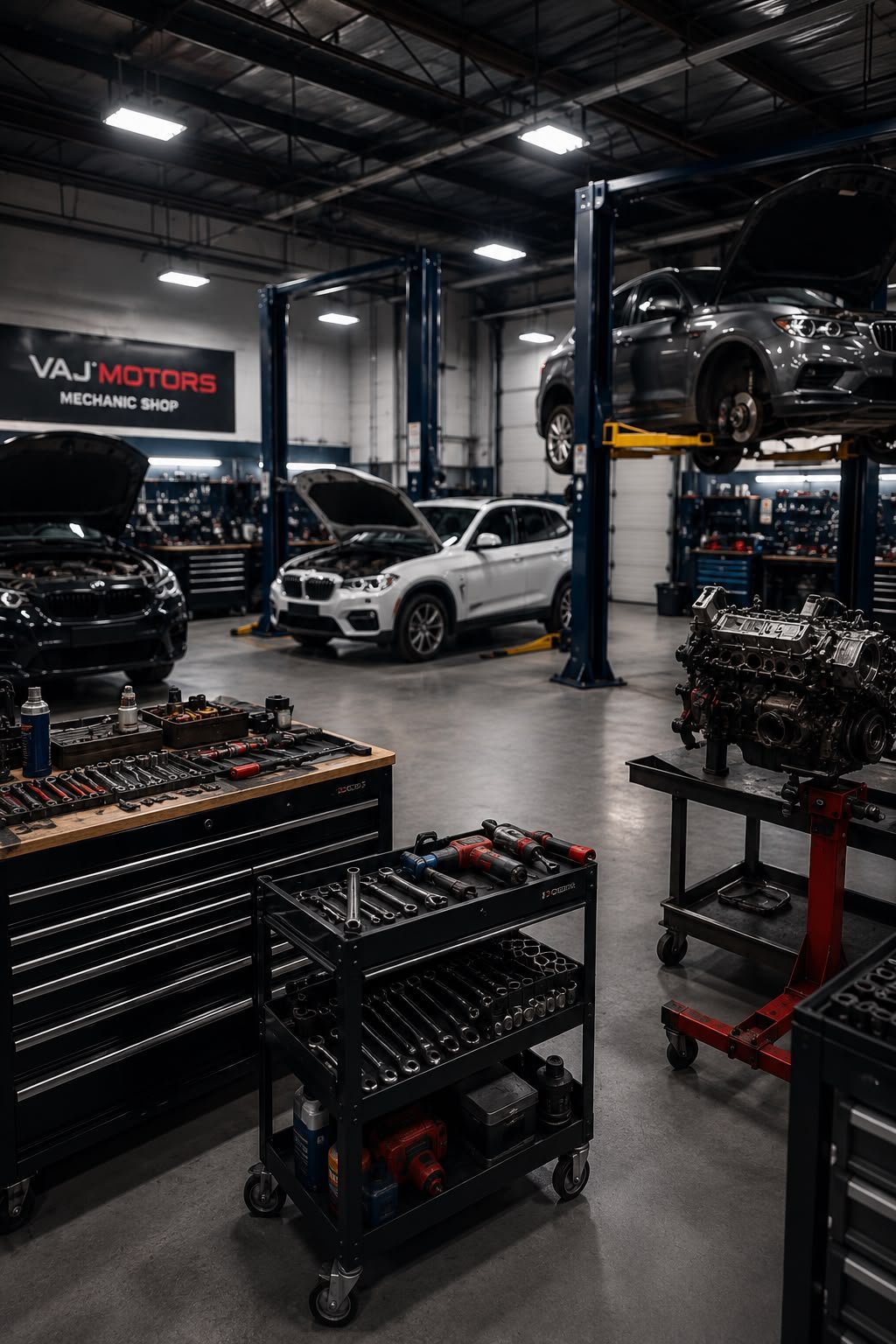 VAJ Motors mechanic shop — lifts and engine work